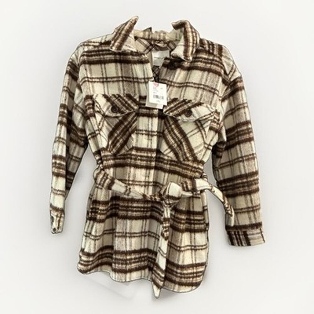 Gibson Latimer Women's Brown Plaid Belted Button Shirt Jacket Size Large NWT's